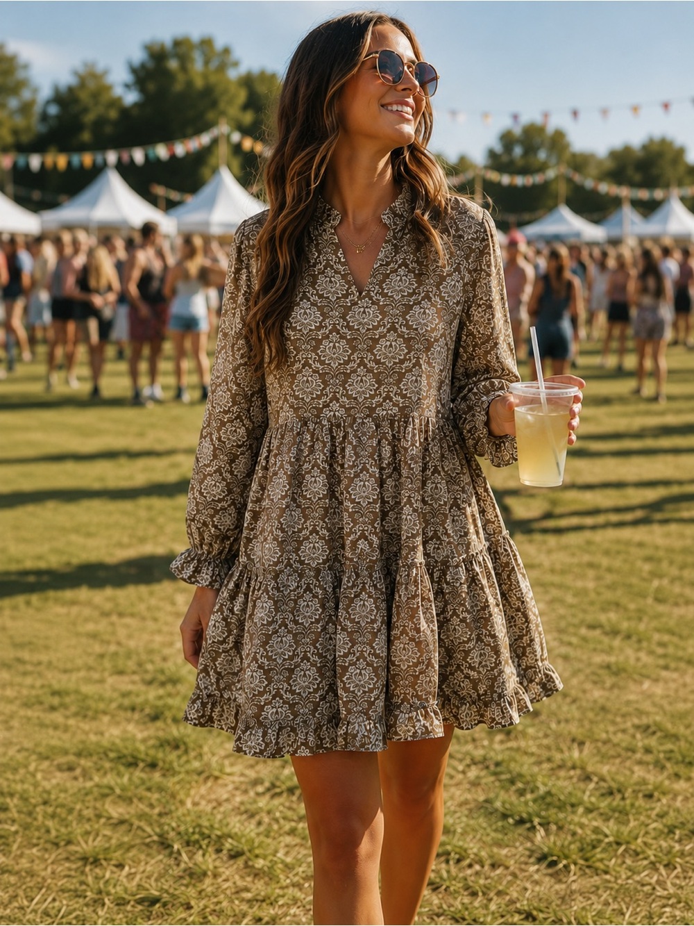NWT Tuckernuck Hyacinth House Boho Olive White Bell Sleeve Tiered Floral Dress